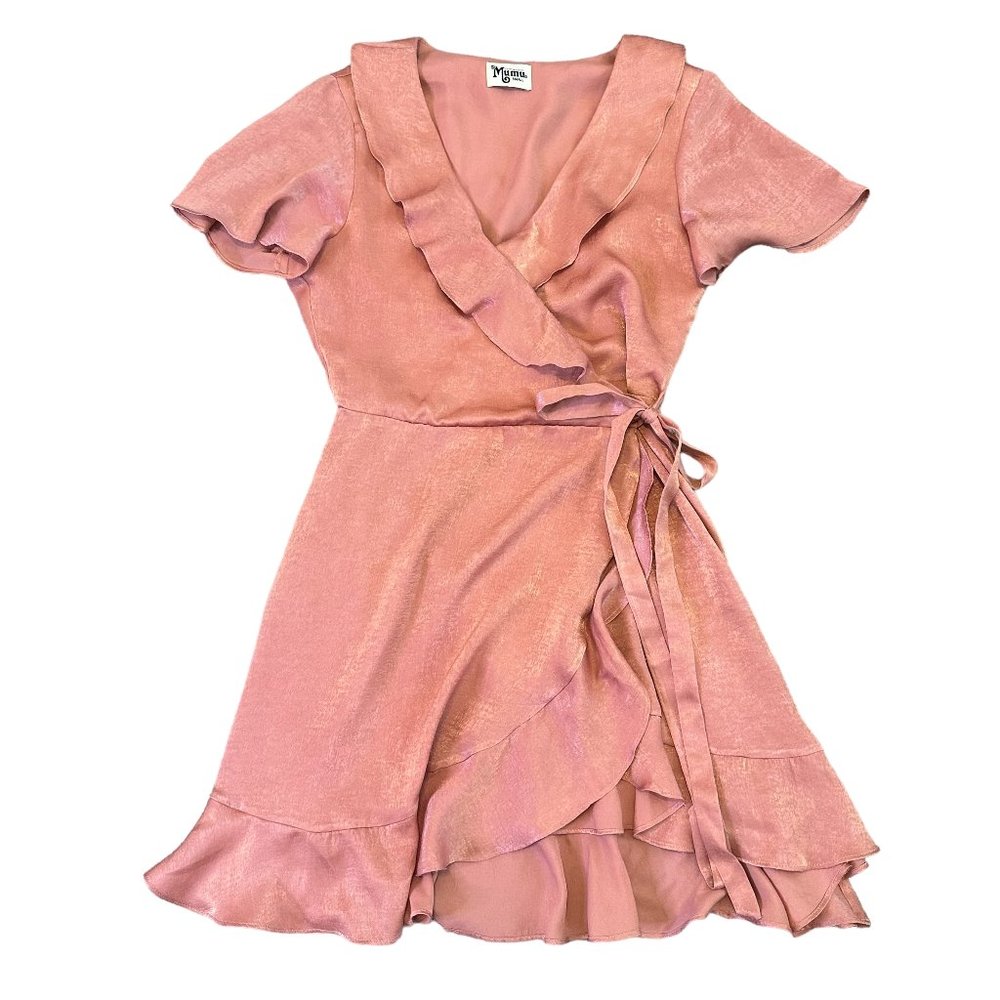 Show Me Your Mumu Satin Mini Wrap Dress Ruffle Short Sleeve Size Small Women's
